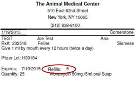text image of a prescription with "Refills: 5" circled in red