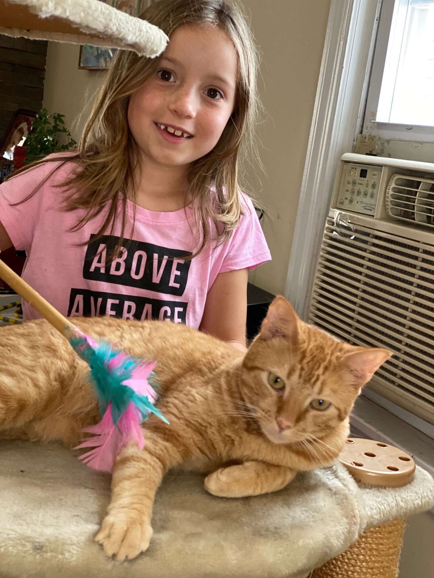 Child playing with her cat using feather cat toy made during camp