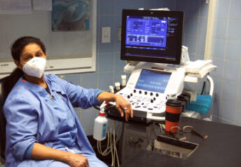 A veterinary professional sits at an echocardiogram machine at the Animal Medical Center