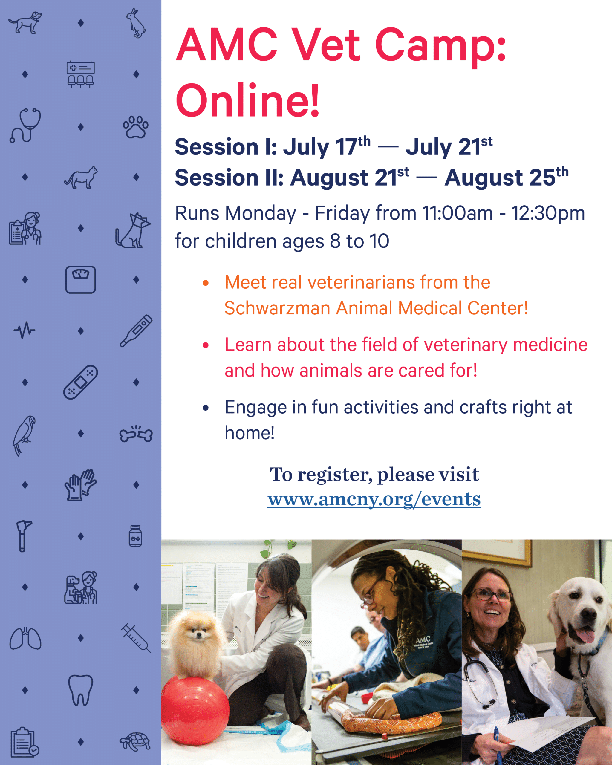 AMC Vet Camp: Online! Session 1: July 17th to July 21st. Session 2: August 21st to August 25th. Runs Monday through Friday from 11:00am to 12:30pm for children ages 8 to 10. Meet real veterinarians from the Schwarzman Animal Medical Center! Learn about the field of veterinary medicine and how animals are cared for! Engage in fun activities and crafts right at home! To register, please visit amcny.gbtesting.us/events