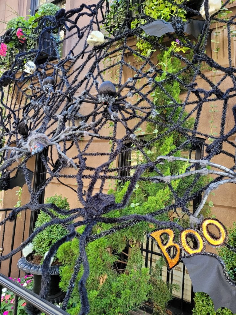 Halloween spiderwebs on the brownstones of the Upper East Side
